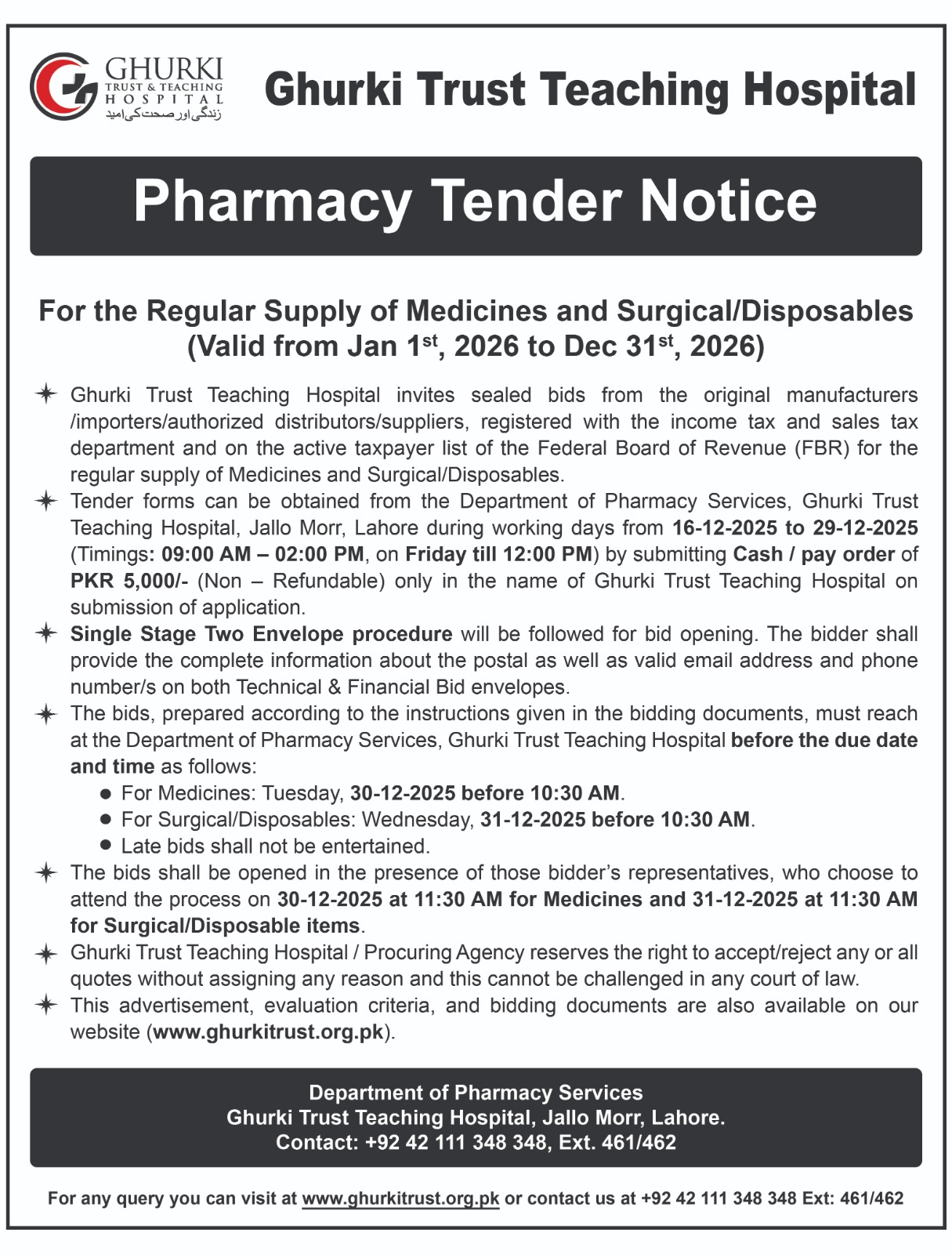 BIDDING DOCUMENTS (MEDICINES, SURGICAL / DISPOSABLES) PHARMACY TENDER YEAR 2026